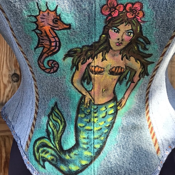 Boutique item, handmadeVictorian style jean jacket w/ flash tattoo art.